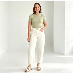 Jeans a Vita Alta e Gamba Larga per <span class=keywords><strong>Donna</strong></span>, Bianco Crema, <span class=keywords><strong>Pantaloni</strong></span> in Denim Elasticizzato Cropped e Baggy, Produzione all'Ingrosso - Product Image 1
