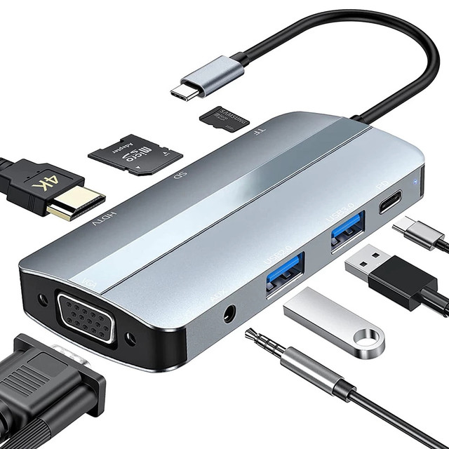 8 Port USB C Hub Type-C Adapter to HDTV 4K 30HZ VGA 1080P HD SD/TF 3.5MM AUX USB 3.0 Docking Station for MacBook Pro Laptop PC