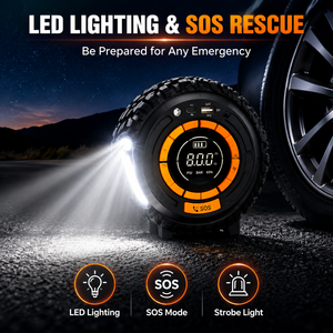 เครื่องสูบลมยางรถยนต์แบบพกพา พร้อมจั๊มพ์สตาร์ท ไฟ LED พาวเวอร์แบงค์ ระบบช่วยเหลือฉุกเฉิน SOS เกจวัดแรงดันดิจิตอล 150PSI รับผลิตแบบ OEM ODM - Product Image 5