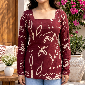<b>Maroon</b> White Leaf Print Long Sleeve Square Neck <b>Top</b> Casual Loose Fit Square Neck Rayon All Seasons Wear Short Kurti for Women - Product Image 1