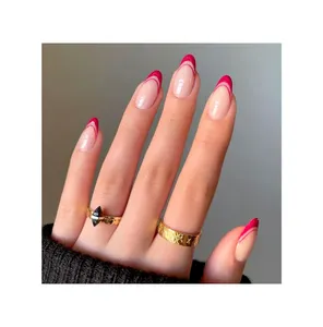 간단한 미니멀리스트 독특한 프랑스어 팁 빨간색 투명 네일 침대 짧은 중간 아몬드 모양 쉬운 착용 분리형 스틱 손톱