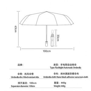 Fully Automatic Umbrella Sunscreen Sunshade Sun Umbrella Dual Use with <b>LED</b> <b>Flashlight</b> Business 3 Fold Umbrella - Product Image 2