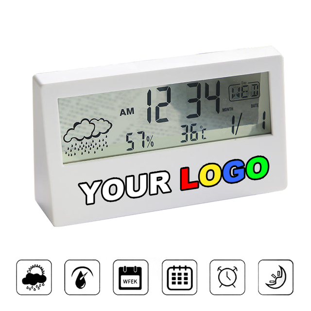 Promotional Gift Small Multifunctional Desktop Timing Alarm Clock with Temperature and Humidity Weather Display with Custom logo