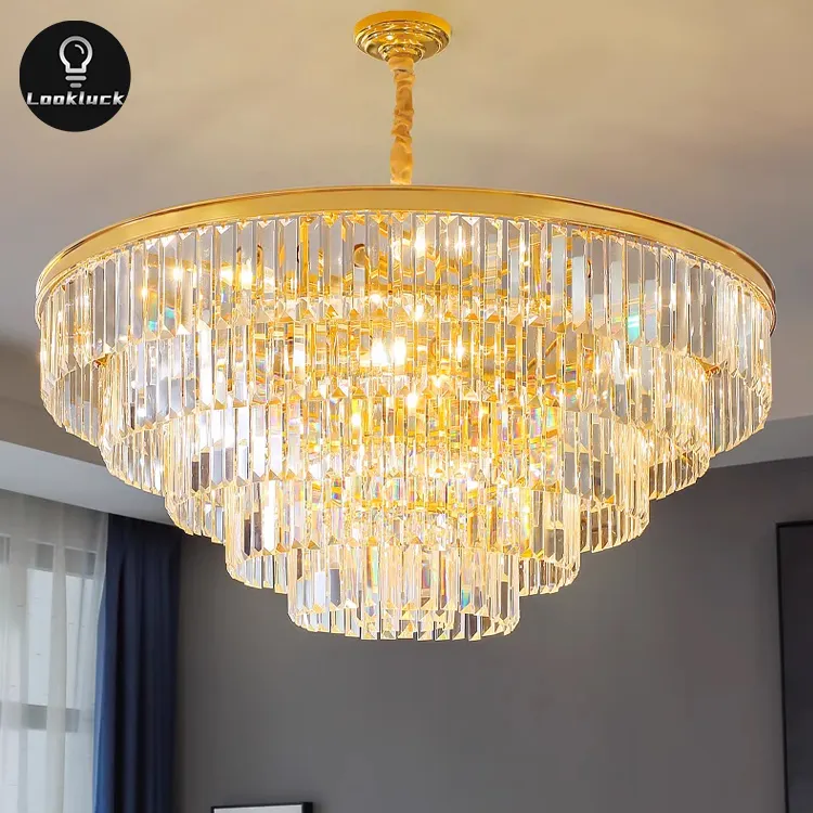Moderne Villa Luxus Wohnzimmer Hotel große runde Deckenbeleuchtung K9 Anhängerlichter Gold-Kristall-Kronleuchter