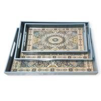 3er-Set Serviertabletts im Arabischen Design - Luxuriöse Stapelbare Tabletts mit Persischem Teppich-Motiv & Ausgeschnittenen Griffen in Mintgrün für Ramadan und Eid