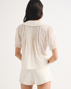 Blusa de algodón LEDUO personalizada, estilo vintage dulce, con cuello Peter Pan, ribete de encaje y mangas abullonadas para mujer. - Product Image 3