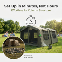 Tente de camping gonflable personnalisée en coton TC 17,28 m² verte, abri de glamping de luxe avec cloison et sol amovible, fenêtres en TPU
