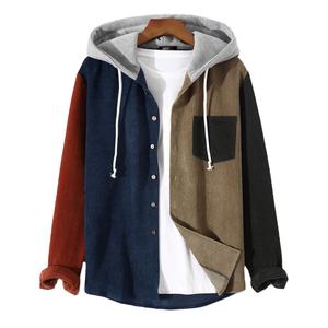 Chemise pour homme en velours côtelé épais avec poche et broderie de logo OEM à manches longues avec capuche - Product Image 1