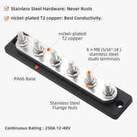 Barre de distribution robuste 250A en cuivre T2 nickelé, 6 canaux, bornes à goujons M8 pour système solaire, camping-car, voiture, camion