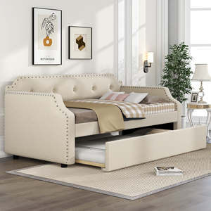 <span class=keywords><strong>Lit</strong></span> <span class=keywords><strong>gigogne</strong></span> Willsoon en tissu beige avec capitonnage et garniture à clous, cadre de <span class=keywords><strong>lit</strong></span> d'appoint escamotable avec support à lattes - Product Image 3