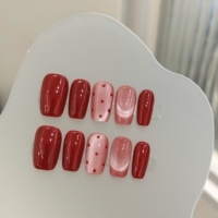 Design # 3060 Faux ongles à presser de haute qualité, carrés en acrylique, en gel épais, faits main, rouge, effet œil de chat, à pois, 10 pièces