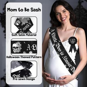 Decorazioni per Baby Shower di Halloween, Stile Gotico con Scheletro, Fascia 'A Little Boo Is Almost Due', Distintivo per Futura Mamma e Papà, Accessori per Feste di Halloween - Product Image 4
