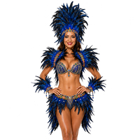 Conjunto de Disfraz de Samba con Plumas Azul Rey, Hecho a Mano con Pedrería, Traje de Baile Brasileño para Desfile y Actuación en Escenario