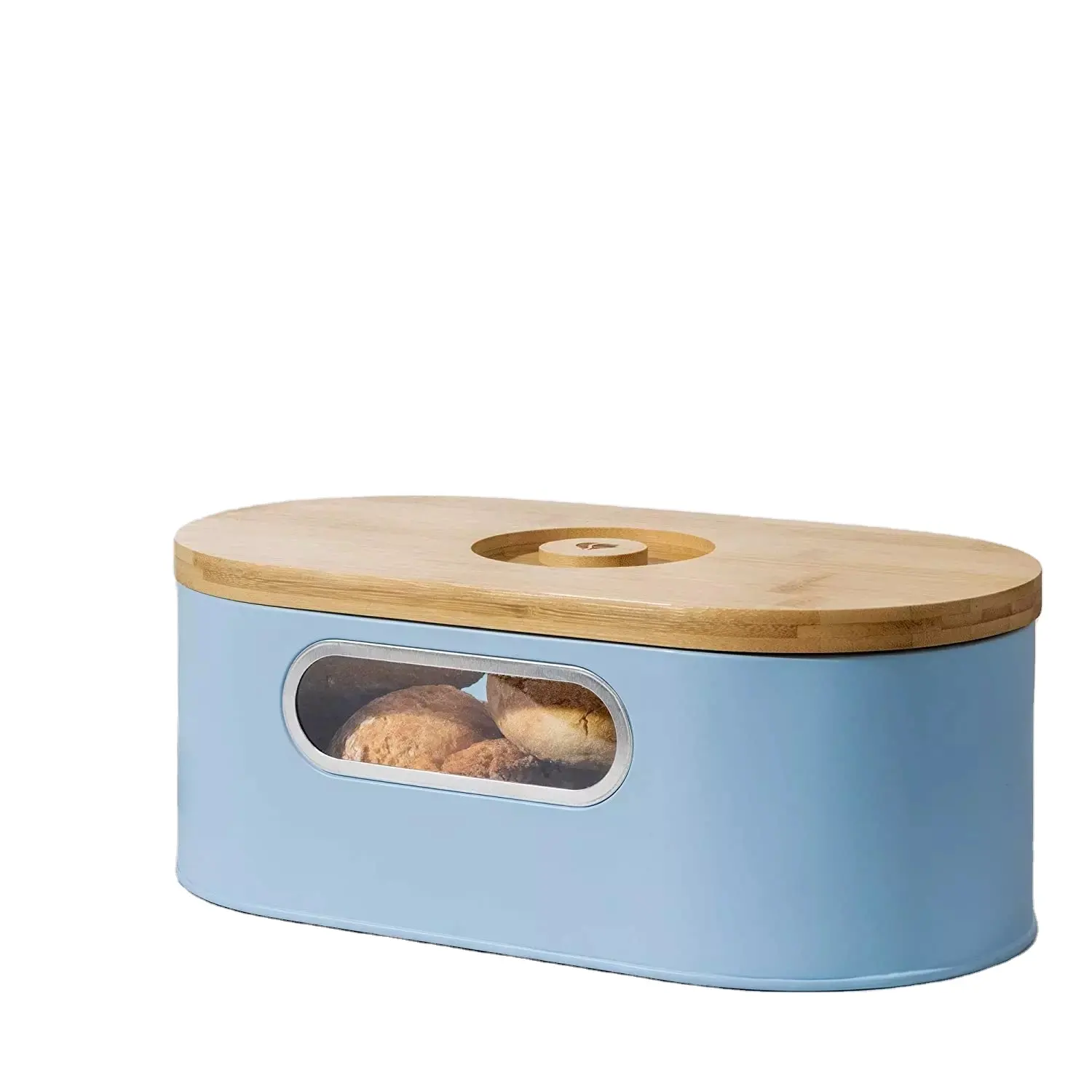 Boîte à pain en métal avec couvercle, récipient de couleur bleu avec fenêtre et planche à découper en bois de bambou — petit support en étain pour la cuisine