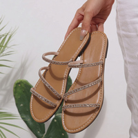 Sandales plates pour femmes adultes, avec strass, antidérapantes, grande taille 43, légères, style romain, semelle en caoutchouc, chaussures décontractées solides