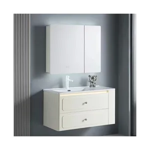 Lavabo de baño de madera contrachapada de diseño de moda de alta calidad, tocador de baño con espejo a la venta