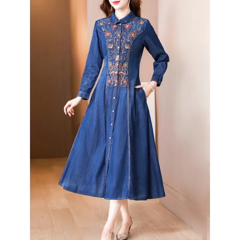 M-3XL Single Breasted Chinese Style Autumn Long Mid- Calf Full Sleeve Denim Women Dresses Embroidery Jeans Dresses