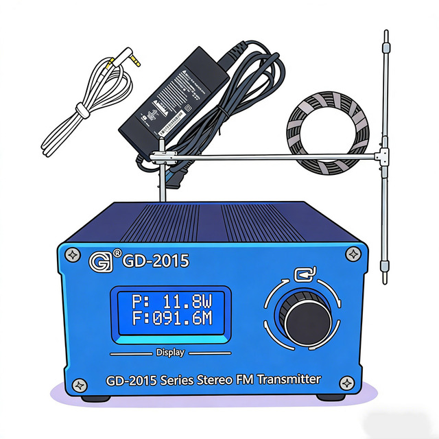 15W RDS FM Transmitter + Dipole Antenna + Coaxial Cable 87.5-108Mhz Built in RDS Encoder USB2.0 /2.4G AUDIO Support