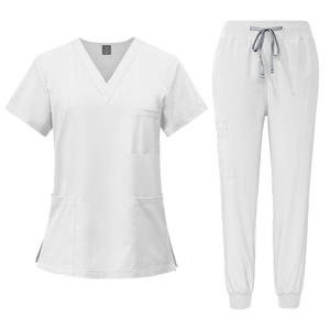 Nouvel ensemble de blouses médicales <span class=keywords><strong>2026</strong></span> pour médecins et infirmières : Haut uni à col en V et pantalon jogger pour hôpital - Product Image 3
