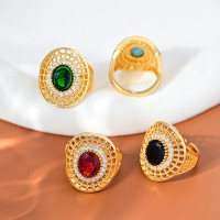 Nouvelle Tendance Bague Ajustable pour Femme en Laiton Plaqué Or 18K, Style Classique Filigrane, avec Pierre Ovale en Zircon Cubique, Résistante à la Transpiration, pour Mariage