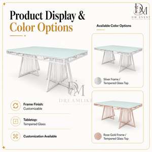 Mesa de Comedor Moderna de Acero Inoxidable Plateado con Cubierta de Vidrio Transparente y Base Doble Geométrica, Proveedor Mayorista para Banquetes y Eventos - Product Image 5