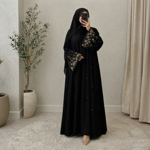 Abaya Negra Abierta por Delante para Mujer, Larga hasta el Suelo, Corte en A, Manga Larga, con Bordado de Cuentas, Vestido de Gala Formal y Modesto - Product Image 1
