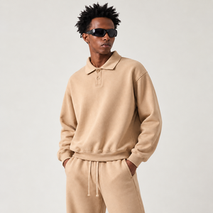 Sudadera con cuello polo de 350GSM, corte holgado, forro polar cepillado de alto gramaje, jersey con botones para hombre, estilo Old Money Preppy Casual OEM - Product Image 1