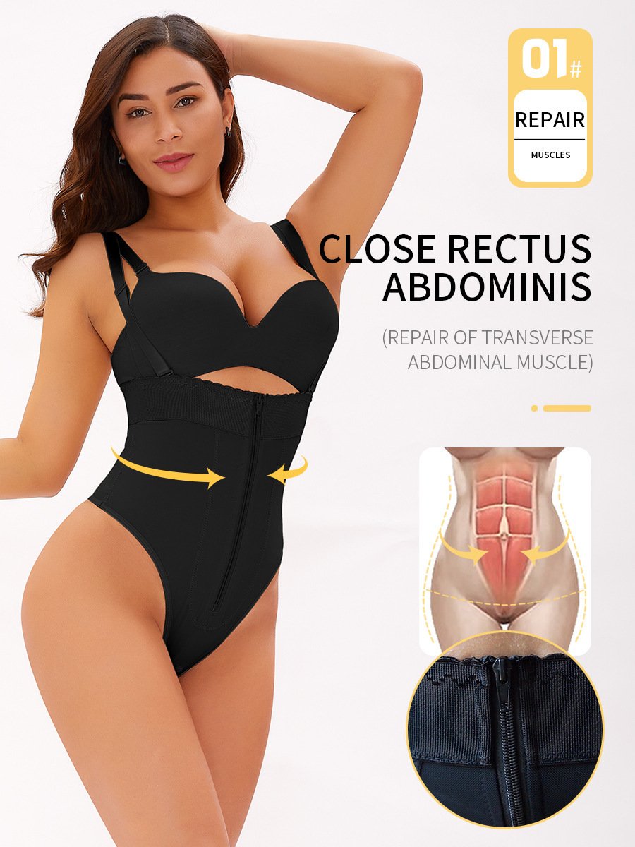 Zipper-Front Adjustable-Strap Tummy-Control Thong (LJ-D067B): side profile showing zones and edge stability