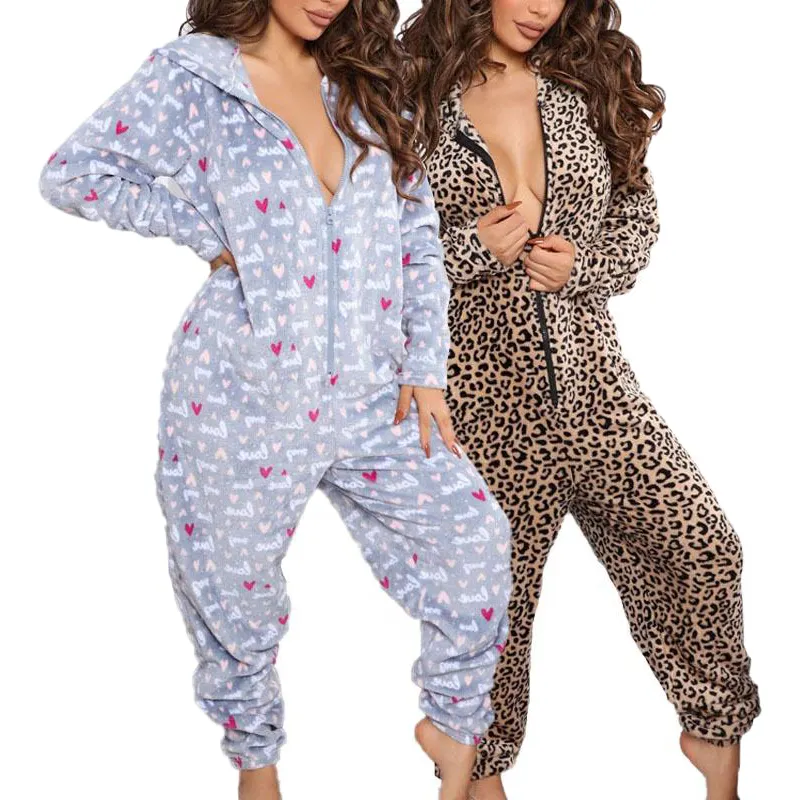 カスタマイズされたフード付きフランネルヒョウジャンプスーツOnesie Zip Star Moon Women Winter Nightwear Pajamas