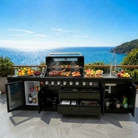 Îlot de cuisine BBQ extérieur tout-en-un en acier inoxydable 304 avec évier et réfrigérateur, en verre trempé, personnalisable