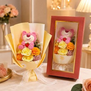 Caja de Regalo con Ramo de Flores de Jabón en Forma de Oso para el Día de San Valentín, Rosa de Imitación, Regalo de Flores Artificiales para el Día de San Valentín - Product Image 1