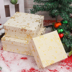 New <b>Christmas</b> Gold Foil Gift <b>Box</b> Square Jewelry <b>Box</b> with Top and Bottom Cover Made of Hemp Cloth and Dusting Powder Material - Product Image 1