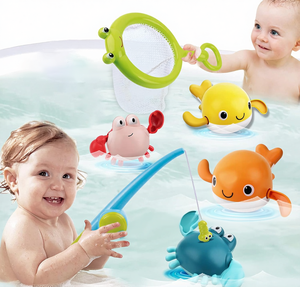 Yaylı Manyetik Balık Tutma Seti, Yüzen Balina ve Yengeç, Manyetik Olta ve Ağ, Banyo Oyuncağı - Product Image 1