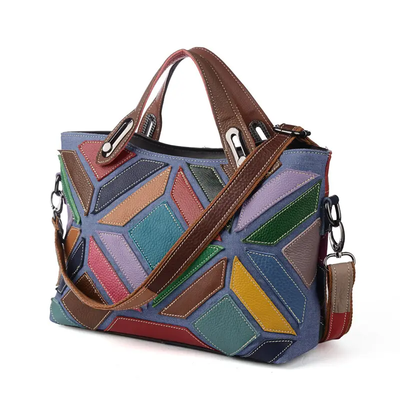 Bunte Handtasche für Frauen Echte Kuh Leder Mode Elegante Retro Schulter Schulter tasche Große Kapazität Top Griff Taschen Tasche