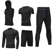 Ensemble de sport cinq pièces pour homme, séchage rapide, manches longues, couleur unie, coupe ajustée, en soie de lait, élasthanne et polyester, pour le fitness
