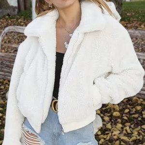 <b>White</b> Sherpa Fleece Bomber <b>Jacket</b> <b>for</b> <b>Women</b> Short Sleeve Zip Up Collar Warm Casual Outerwear - Product Image 2