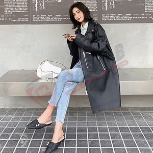 Manteaux en coton surdimensionnés pour femmes-Manteau boutonné à épaules tombantes imperméable vintage-Manteau d'hiver en cuir noir à la mode - Product Image 2