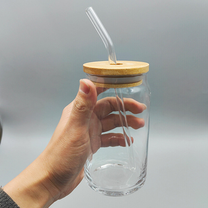 USA kho 480ml 16oz rõ ràng UV Vinyl tùy chỉnh ICE COFFEE Glass có thể <span class=keywords><strong>cup</strong></span> với nắp tre và kính cong rơm - Product Image 4