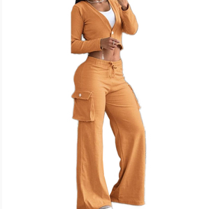 Pocket Solid Color Long Sleeve Crop Tops Trouser 2 Pieces <b>Set</b> Women Streetwear Suits Fashion - Product Image 1