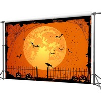 Toile de fond photo pour boutique de bonbons d'Halloween, avec citrouille violette, balai de sorcière, décor de fête, bannière personnalisable