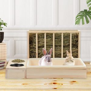 ZMaker Nouveau Mangeoire à foin pour <span class=keywords><strong>lapin</strong></span> en bois 3 en 1 avec bac à litière Bac à litière pour <span class=keywords><strong>lapin</strong></span> Mangeoires à foin avec bac à litière et bols - Product Image 3