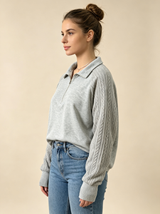 Women Half Zip Pullover Sweatshirt Cable Knit <b>Raglan</b> Sleeve Stand Collar Loose Casual Long Sleeve Spliced Knit <b>Top</b> - Product Image 2
