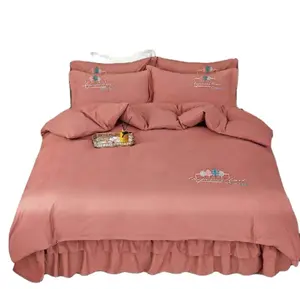 Prenses tarzı el yapımı Ruffled dantel ve saten pamuk nevresim seti yatak etek nevresim takımı ev için