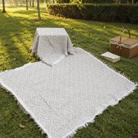 Tapis de pique-nique d'extérieur en coton et lin tissé, motif jacquard géométrique, à franges, résistant à l'eau, pliable, pour la plage et le camping