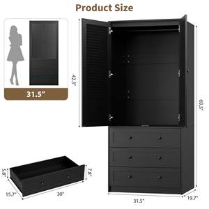 Armoire moderne noire à 2 portes à persiennes, 3 tiroirs, autoportante, en bois, pour chambre à coucher, rangement de vêtements RTA - Product Image 3