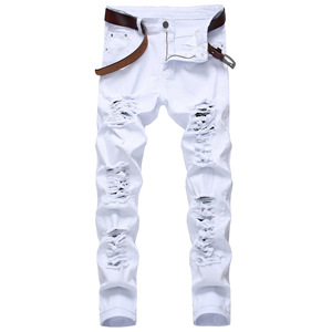 Dernier design – <span class=keywords><strong>Jean</strong></span> slim décontracté pour homme, blanc, multi-trous, style streetwear, avec grande taille élastique, pour adolescent - Product Image 2