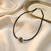 Collier pour femme en perles naturelles de Tahiti certifiées et spinelle noire, avec pierres facettées et perles, bijou fin en argent unisexe pour fiançailles