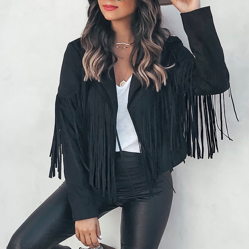 Black Faux Suede Leather Fringe Jacket Tassel Coat