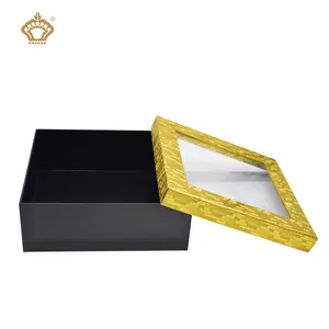 Luxurious Black Gold Fancy Shiny Paper Skincare Cosmetic Products Box Packaging Lid Box For Dress With Clear PET Window