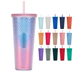 Wholesale reusable diamond cups Double Wall Matte Plastic 24oz studded tumblers with logo